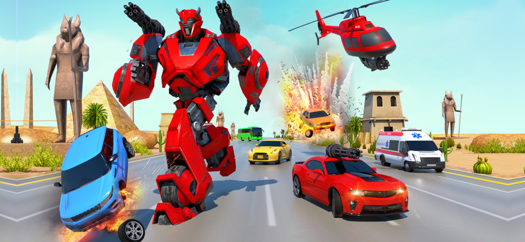 Super Robot Transform Games 3D - Giant red robot and armed sports cars in an Egyptian desert battle scene with pyramids