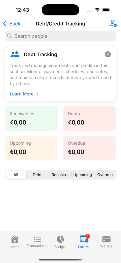 Debt and credit tracking screen in the iMoney app