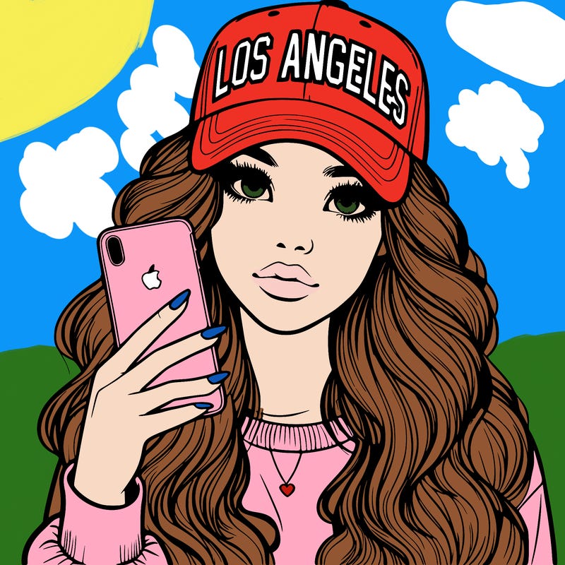 realistic beautiful girl wearing los ángeles cap holding an iphone