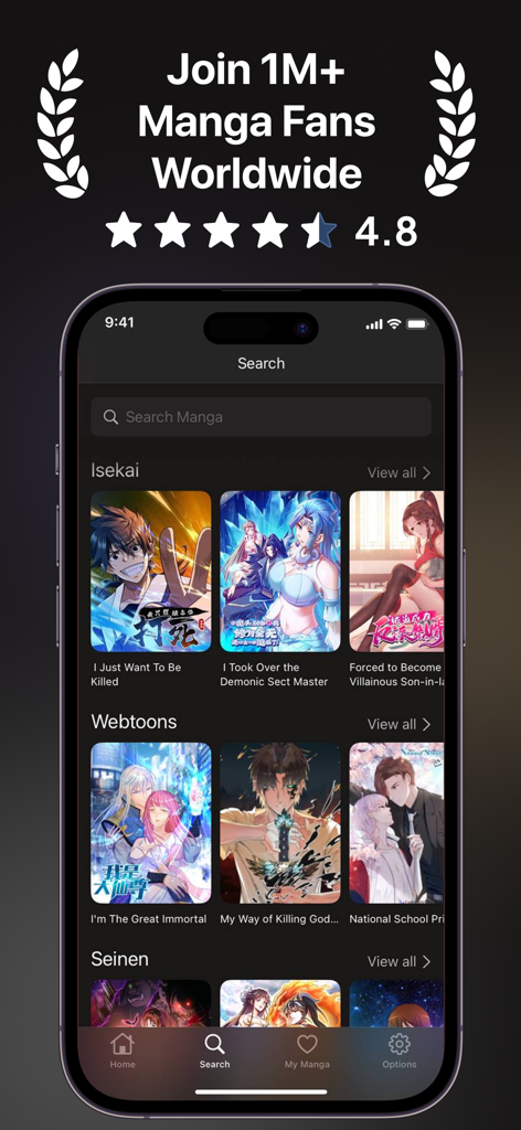 Manga Reader Plus - Japan Zone - Tela de pesquisa do aplicativo Manga Reader Plus mostrando categorias como Isekai e Webtoons com uma classificação de 4,8 estrelas