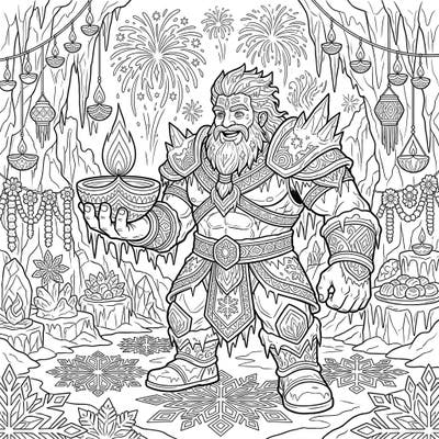 Dive into a truly unique celebration with this intricate Frost Giant Diwali coloring page. Experience the festival of lights reimagined in a frosty, mythical world, perfect for fantasy and cultural enthusiasts alike.