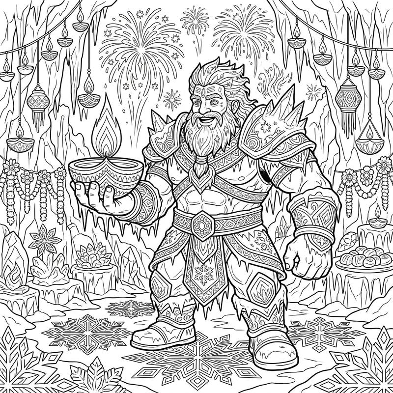 Dive into a truly unique celebration with this intricate Frost Giant Diwali coloring page. Experience the festival of lights reimagined in a frosty, mythical world, perfect for fantasy and cultural enthusiasts alike.