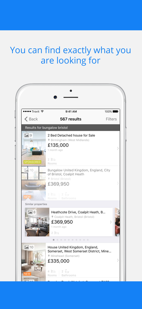 Interfaccia dell'app mobile Trovit Homes che mostra i risultati di ricerca immobiliare per case e appartamenti.