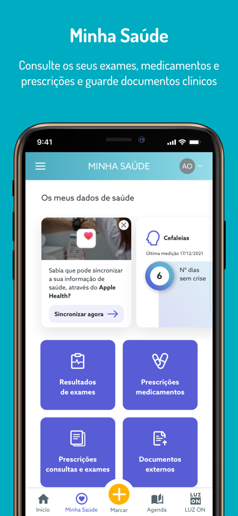 Interface da aplicação móvel MY LUZ mostrando o painel A Minha Saúde com secções para resultados de exames e prescrições.
