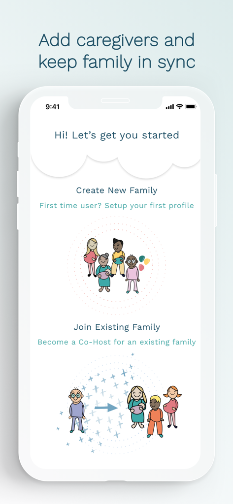Schermata di onboarding dell'app Cubtale che mostra le opzioni per creare una nuova famiglia o unirsi a una famiglia esistente per sincronizzare la cura del bambino con i caregiver.