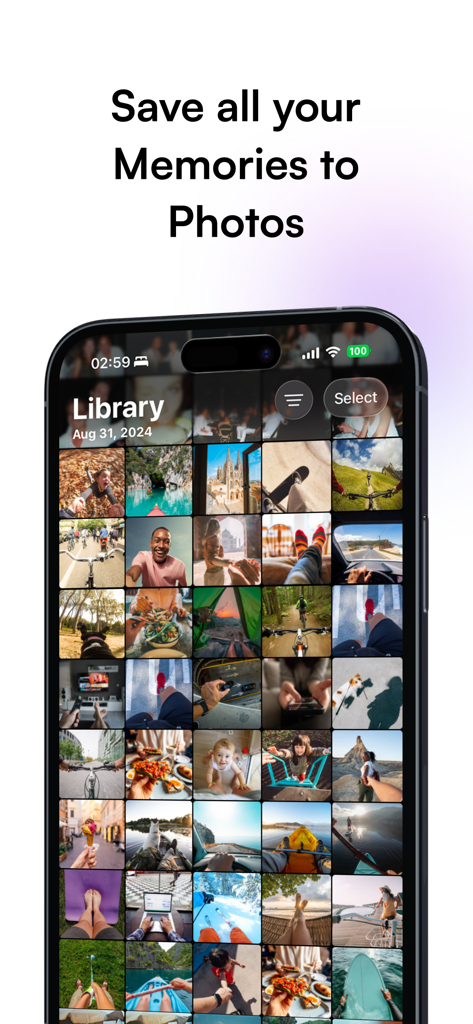 Memport - Save Your Memories - iPhone screen displaying the Memport app photo library grid with the headline Save all your Memories to Photos