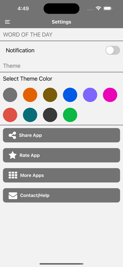 Political Science Terms - Settings menu of the Political Science Terms app showing theme color choices and notification settings