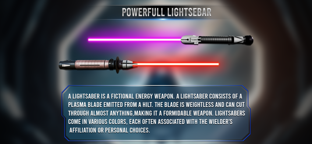 Gun Sound Simulator - Fake Gun - Two glowing lightsabers, one purple and one red, with a descriptive text box in a simulation app