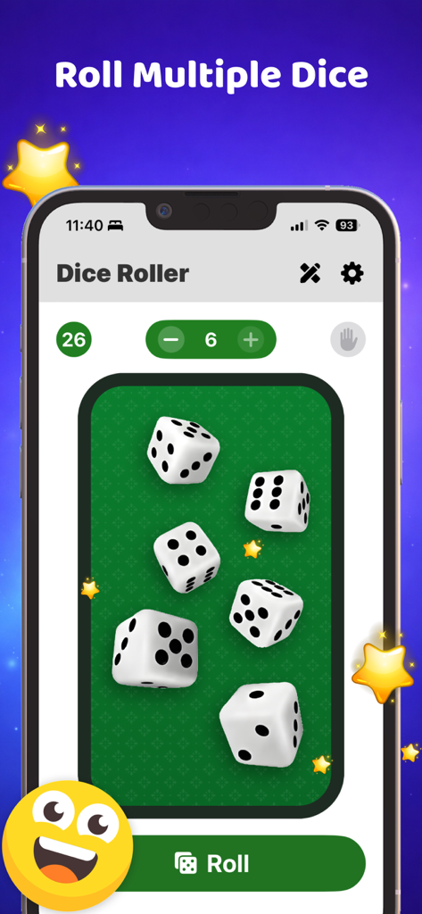 Tela de smartphone mostrando o aplicativo Dice Roller com seis dados brancos sobre um fundo verde e um botão de rolagem