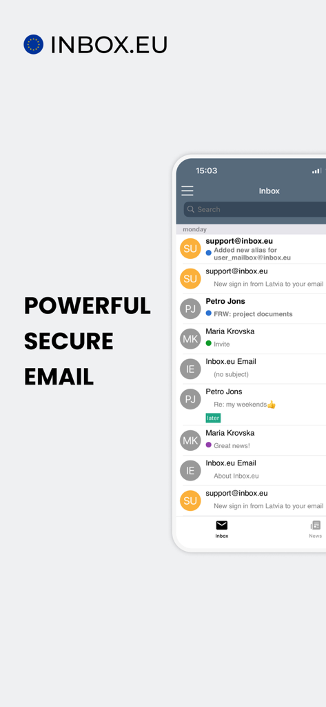inbox.eu - Inbox.eu mobile app interface showing a list of emails on a smartphone with the headline Powerful Secure Email.