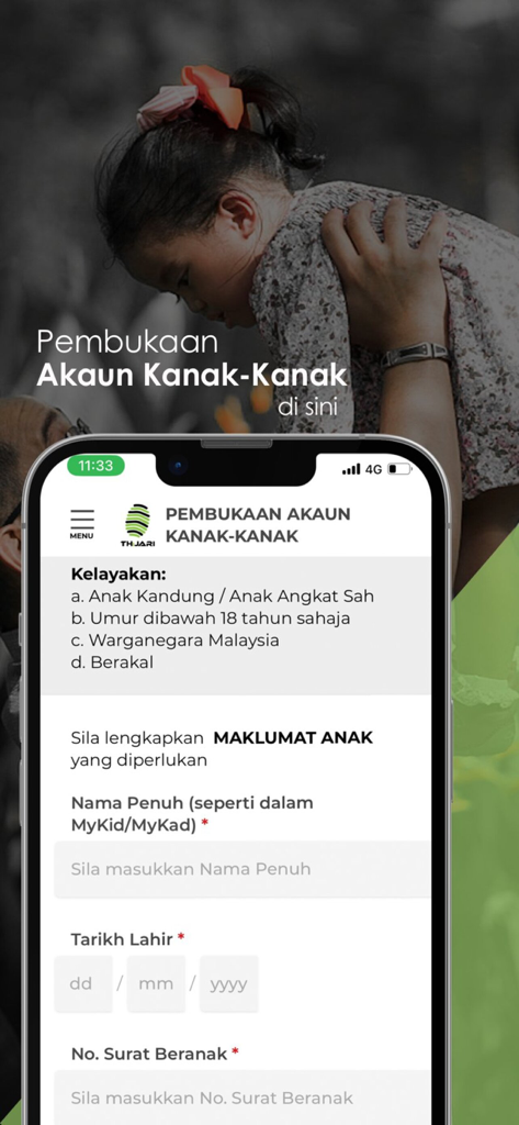 Tabung Haji - Interface of the THiJARI app for opening a child trustee account including eligibility criteria and registration fields