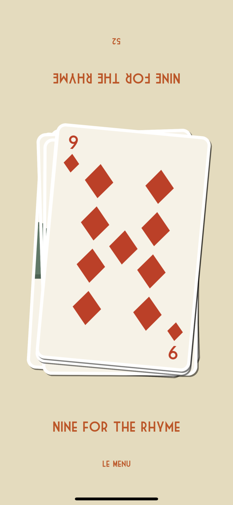 Kings Card Game - Aplicativo Kings Card Game mostrando a carta nove de diamantes com o nove para a regra da rima