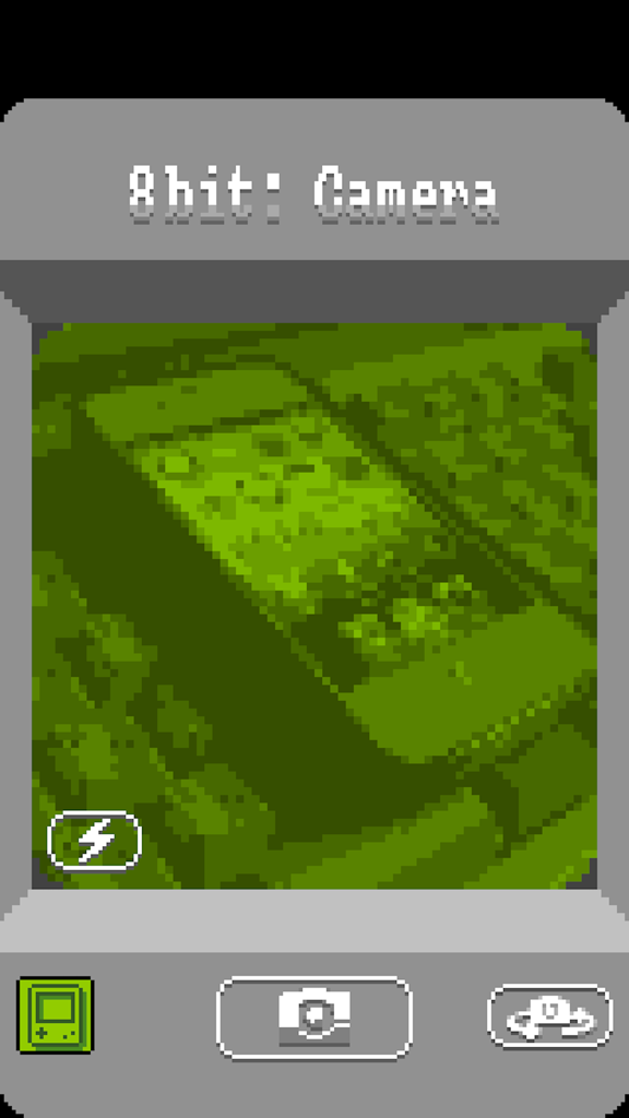 8bit: Camera - Screenshot of the 8bit Camera app interface showing a green pixelated photo filter inspired by retro handheld consoles.