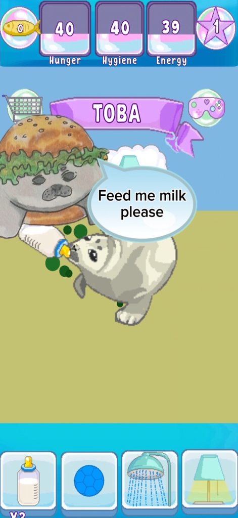 Virtual Seal Pet - Feeding a baby seal with a milk bottle in the Virtual Seal Pet game