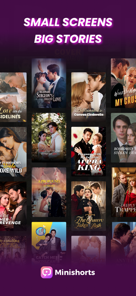 MiniShorts - MiniShorts App-Bildschirm, der ein Raster von Covers romantischer und dramatischer Kurzserien anzeigt