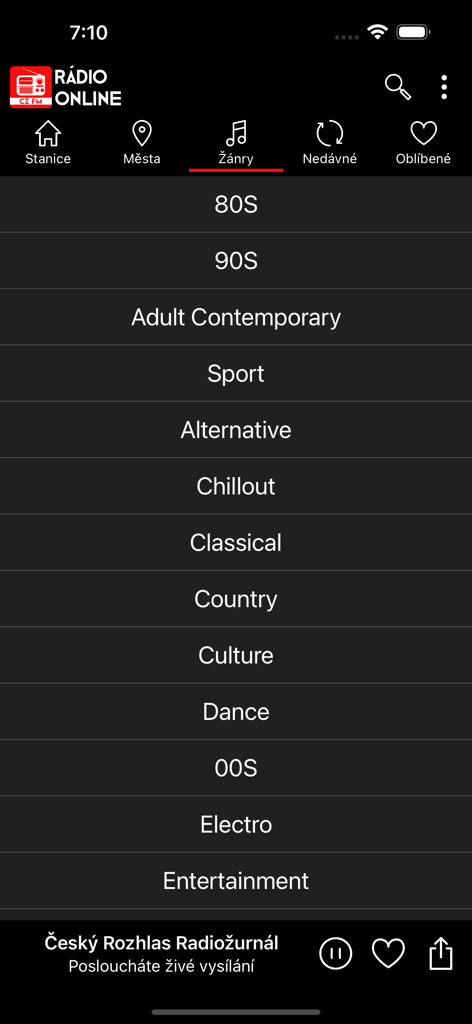 Rádio Online Česká - Interface da aplicação móvel mostrando uma lista de géneros musicais de rádio, incluindo anos 80, 90 e Adult Contemporary na aplicação Rádio Online República Checa