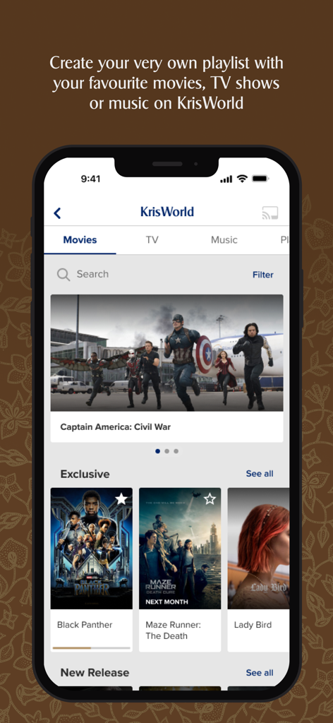 Singapore Airlines - シンガポール航空アプリ画面には、クリスワールド機内エンターテイメント映画カタログとプレイリスト作成機能が表示されます。