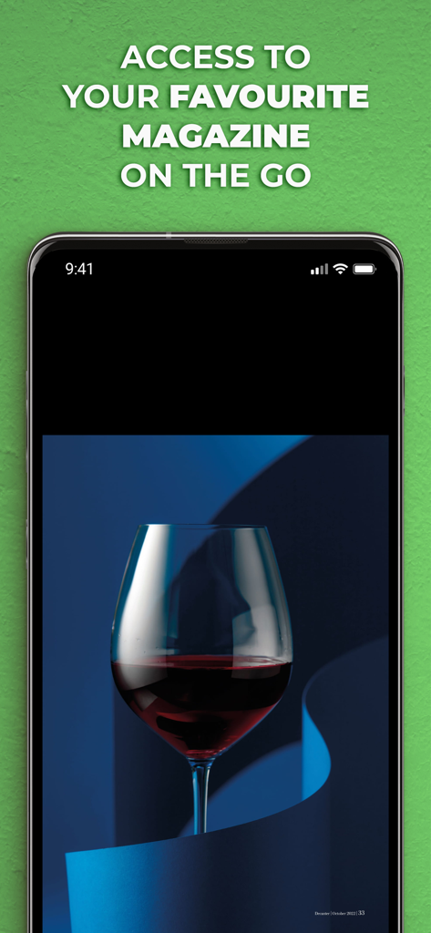 A smartphone displaying the Decanter Magazine app featuring a glass of red wine.