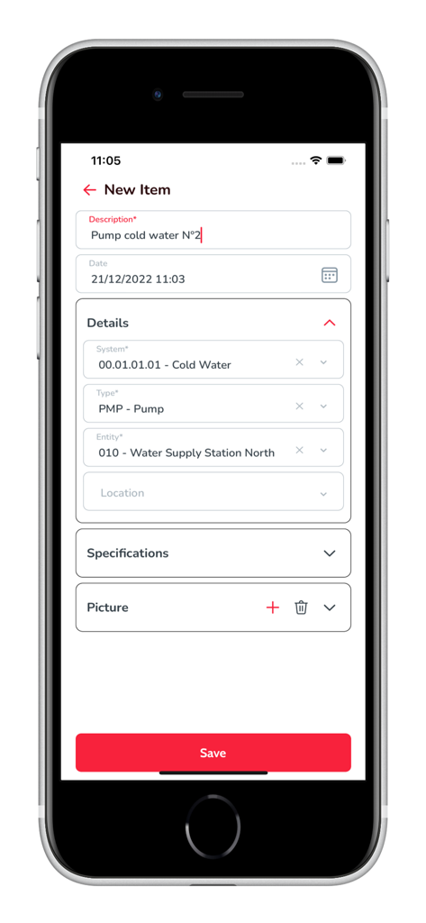 ManWinWin APP - Interface of the ManWinWin app showing the form to add a new equipment item with details for a cold water pump