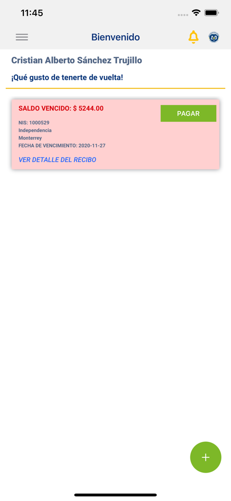 AYD - Panel de control de la aplicación AYD que muestra el saldo de una factura de agua vencida con un botón de pago verde.
