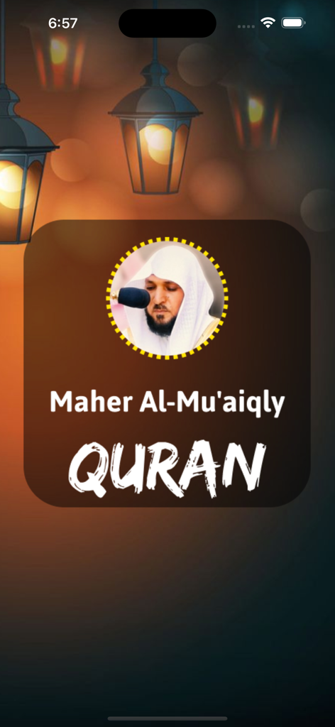 Maher Al-Muaiqly Quran app splash screen with religious lanterns