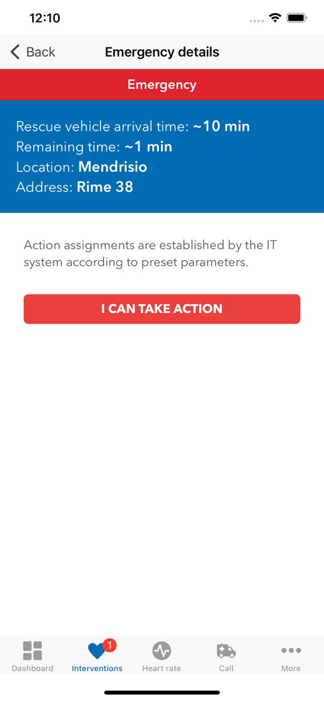 Fondazione Ticino Cuore - Captura de pantalla de la aplicación Ticino Cuore que muestra los detalles de la intervención de emergencia con la hora de llegada y un botón de "tomar acción"