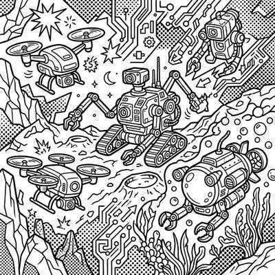 Embark on an exciting creative mission with this Pop Art Exploration Robots coloring page. Discover a world of futuristic machines, from deep-sea submersibles to space-faring rovers, all rendered in a dynamic comic book style ready for your vibrant colors.