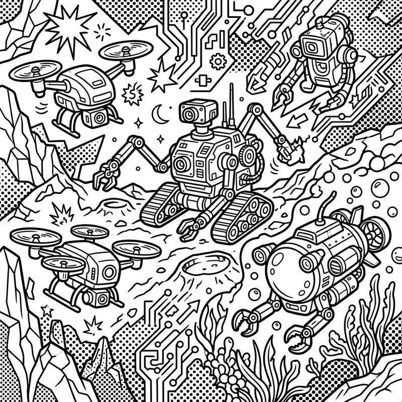 Embark on an exciting creative mission with this Pop Art Exploration Robots coloring page. Discover a world of futuristic machines, from deep-sea submersibles to space-faring rovers, all rendered in a dynamic comic book style ready for your vibrant colors.