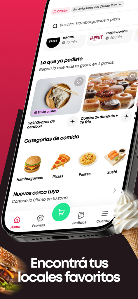 Monchis - Delivery App - さまざまな食品カテゴリと注文履歴が表示されているMonchisデリバリーアプリのインターフェース。