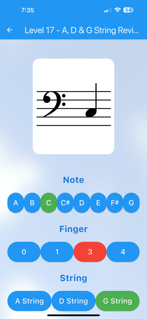 String Note Tutor - Una interfaz de cuestionario de tarjeta de memoria de notas musicales en la aplicación String Note Tutor que muestra selecciones para el nombre de la nota, la posición del dedo y la cuerda.