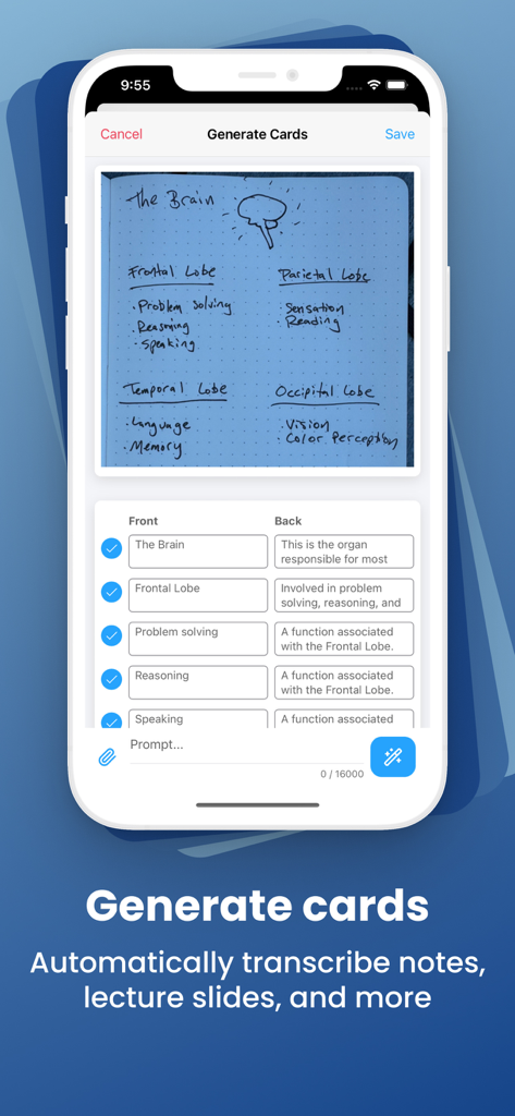 AlgoApp Flashcards - AlgoApp screen showing a photo of handwritten notes being automatically converted into digital flashcards using AI.