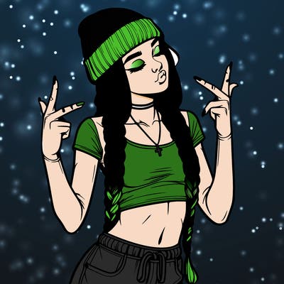 realistic teenage girl with braids and a beanie and crop top doing 🫶🏼