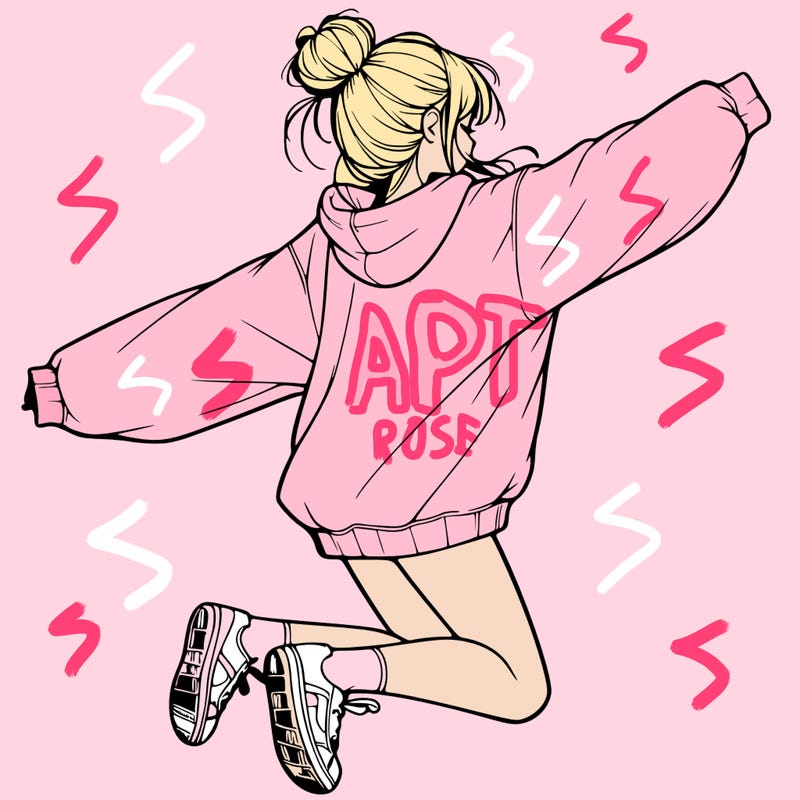 realistic girl jumping with a bun and oversized sweatshirt