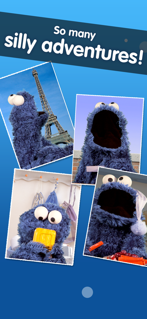 Cookie Calls - A collage showing Cookie Monster in various silly adventures including travel and healthy eating