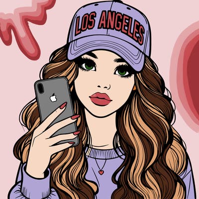 realistic beautiful girl wearing los ángeles cap holding an iphone