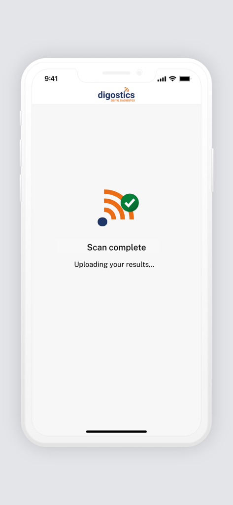 GTT@home - Aplicativo móvel GTT at home mostrando uma mensagem de escaneamento concluído com um ícone de marca de seleção e notificação de envio de resultados.