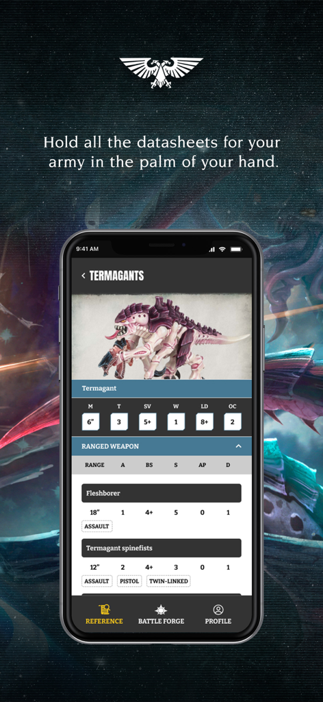 Mobile screen of the Warhammer 40,000 app displaying a Tyranid Termagant unit datasheet with game stats and weapon profiles