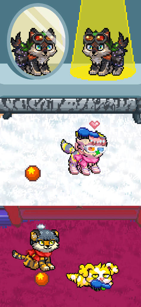 Una compilación de mascotas de pixel art personalizadas que incluye un lobo con gafas, un gato con gafas 3D y mascotas jugando en diferentes entornos