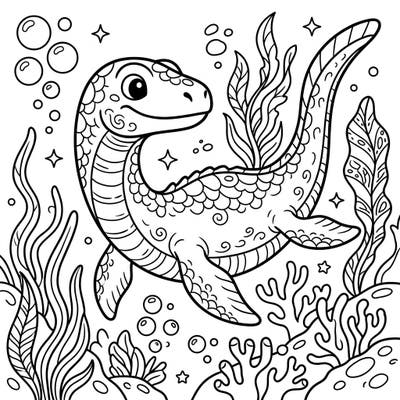 Discover the friendly Mauriciosaurus, a unique marine dinosaur, in this engaging coloring page designed for kids aged 4-8. Dive into a prehistoric ocean scene filled with plants and bubbles, ready for a splash of color.