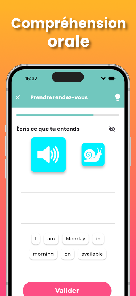 Goopy : Apprendre l'anglais - Ejercicio de comprensión auditiva de inglés en la aplicación Goopy con reproducción de audio y construcción de oraciones con casillas de palabras.