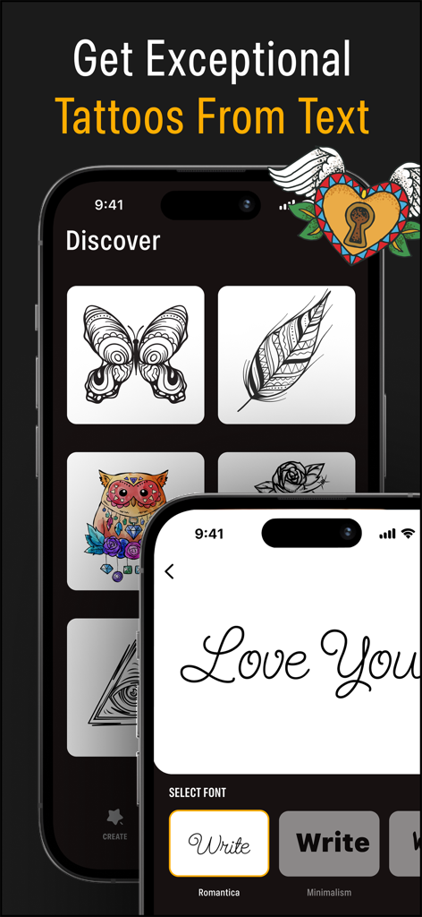 AI Tattoo Generator - The INK - Interfaz de la aplicación AI Tattoo Generator que muestra la herramienta de texto a tatuaje y una galería de diseños personalizados.