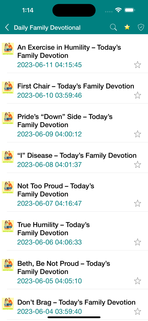 Family Devotional - A list of daily family devotional topics within the app showing titles related to humility and pride.