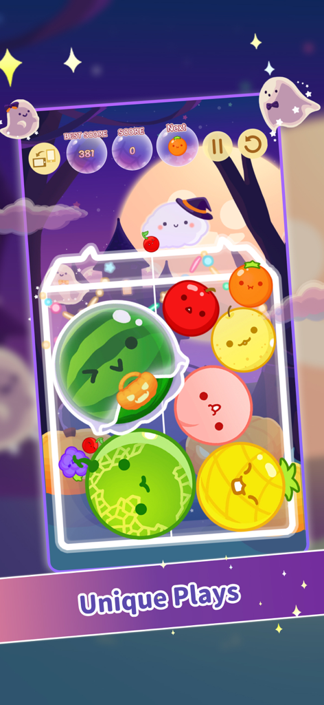 Suika Game-Aladdin X - A Halloween themed level in Suika Game Aladdin X showing various cute fruits and ghosts.