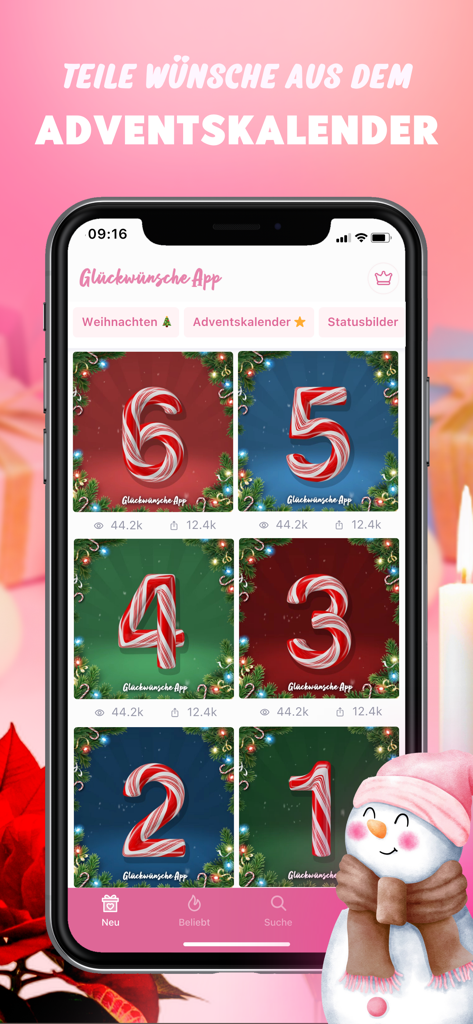 Congratulations Videos & Pics - Mobile app screenshot showing a Christmas advent calendar with numbered candy cane graphics