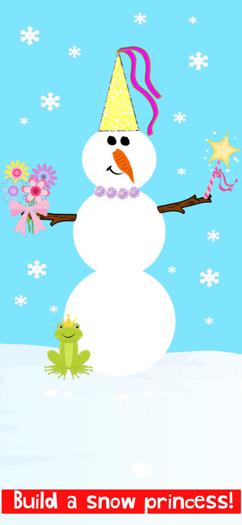 Christmas Train Snowman Games - A decorated snow princess with a magic wand, flowers, and a small frog in a snowy winter scene.
