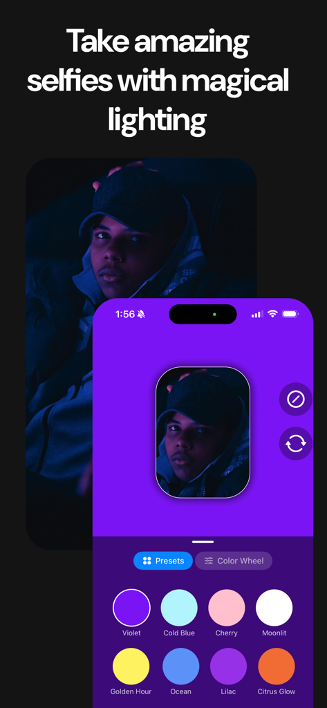 LittyCam - Take Selfie in Dark - LittyCam app interface showing lighting presets for selfies in the dark