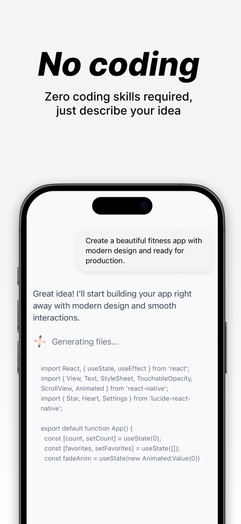 Codera - Codera interface showing AI generating app code from a text prompt