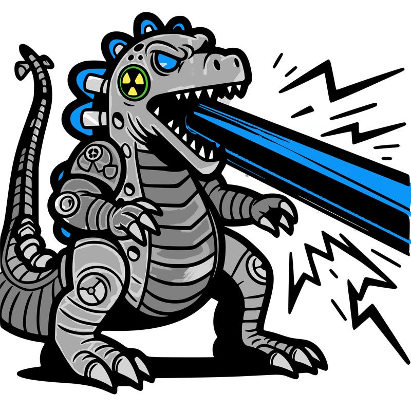 giant radioactive lizard with blue laser coming out of mouth