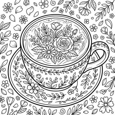 Savor the beauty of spring with this enchanting latte art coloring page, featuring a meticulously designed coffee cup overflowing with blooming flowers. This delightful illustration offers a perfect blend of cozy comfort and fresh seasonal charm, ready for your creative touch.