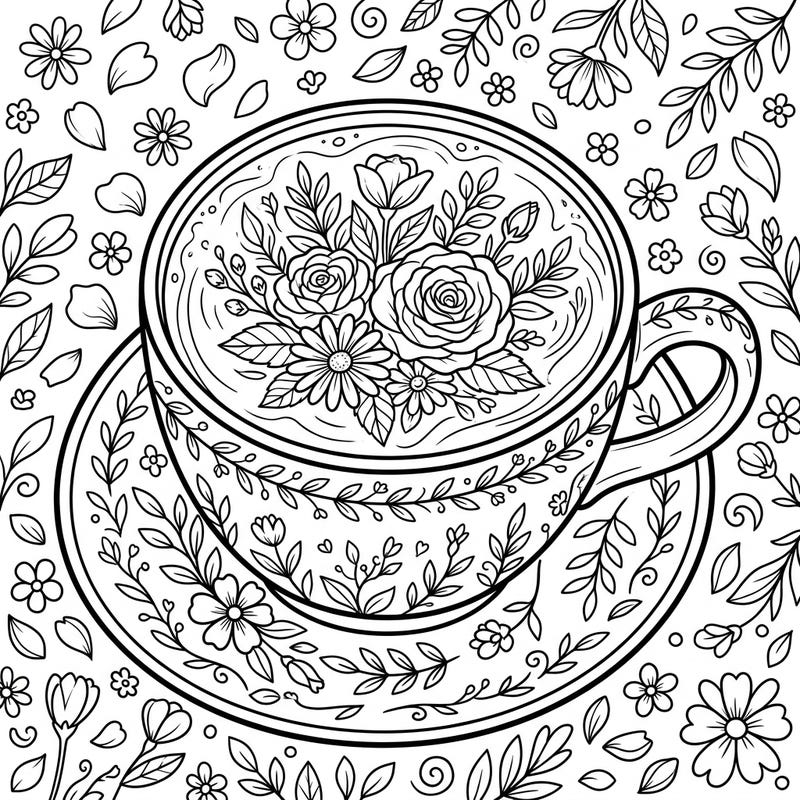 Savor the beauty of spring with this enchanting latte art coloring page, featuring a meticulously designed coffee cup overflowing with blooming flowers. This delightful illustration offers a perfect blend of cozy comfort and fresh seasonal charm, ready for your creative touch.